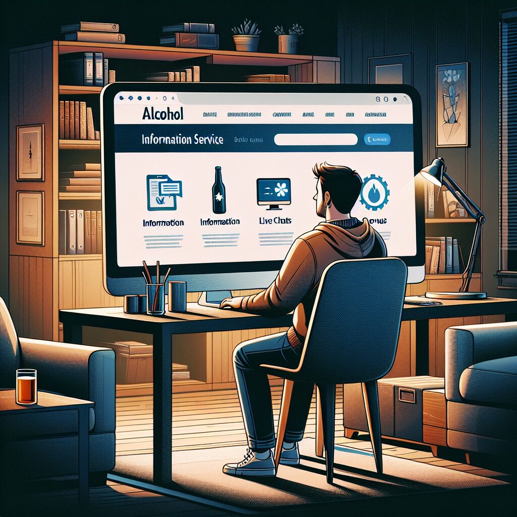 A realistic and informative digital illustration of a person using a computer, exploring the Alcool info service website. The scene should depict various digital tools and features available on the site, such as informational resources, chats, and forums. The setting should be inviting and supportive, reflecting the site's mission to assist individuals in managing their alcohol consumption.