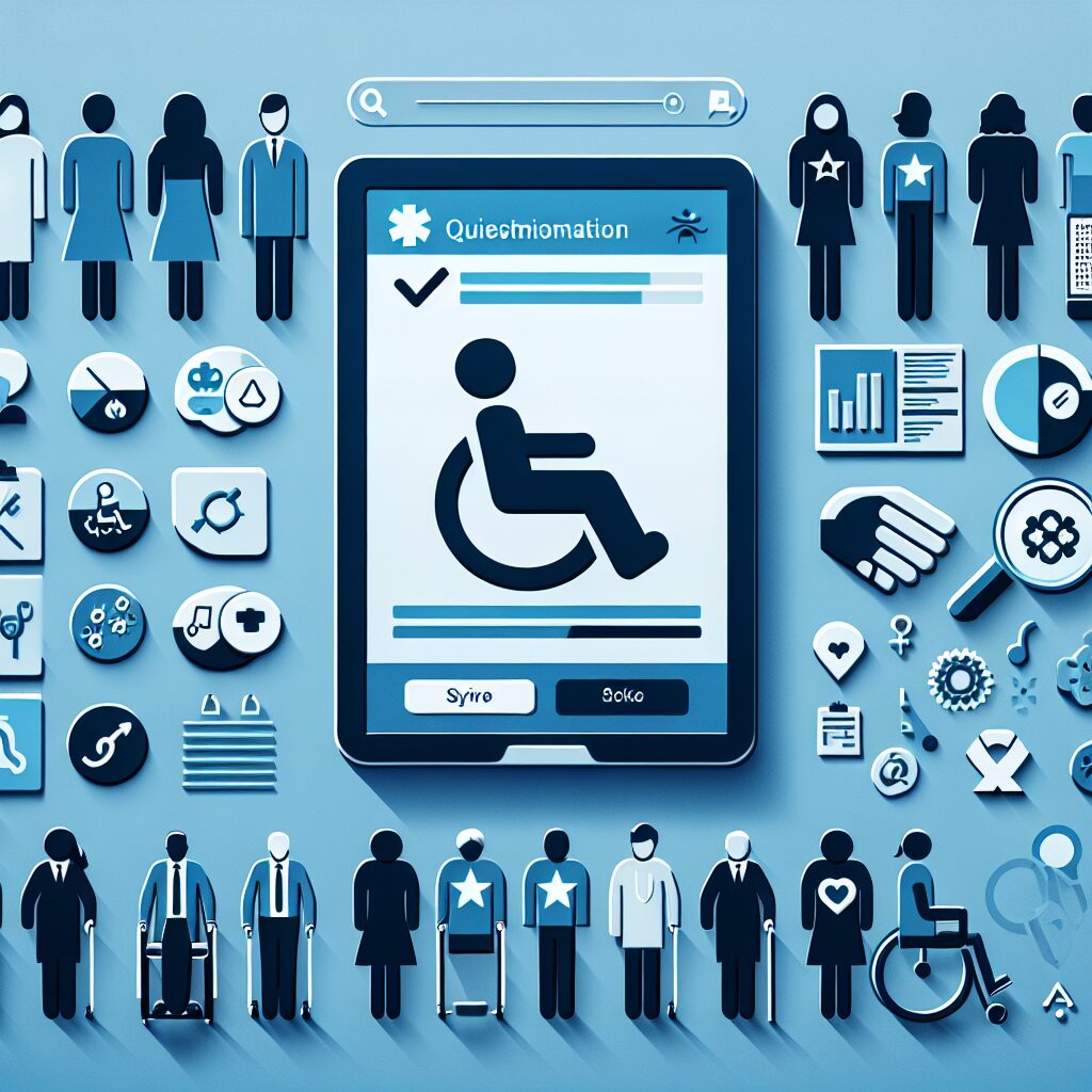 Une illustration d'un questionnaire numérique destiné à un public en situation de handicap, avec des icônes de soins médicaux, des personnes handicapées, des graphiques analytiques, et des symboles d'accessibilité. L'image doit représenter la diversité et l'inclusivité, montrant différents types de handicaps physiques et sensoriels.