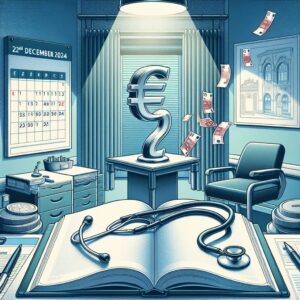 A symbolic illustration depicting a doctor's consultation room, with a stethoscope on a table, a calendar showing the date 22nd December 2024, and an open medical book with euro currency signs flying upwards, symbolizing the revaluation of medical fees.