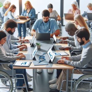 Image showing a diverse group of individuals with disabilities using laptops and tablets to fill out a healthcare access survey online, set in a bright and welcoming environment with healthcare symbols like stethoscopes and wheelchairs.