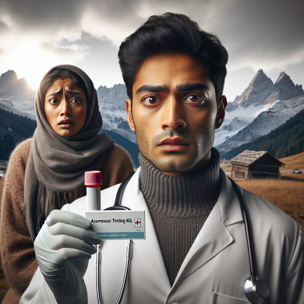 A medical professional holding a testing kit, with a background showing a concerned couple in Savoie, France, illustrating the urgency of HIV prevention and testing.