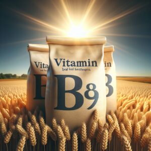 A detailed illustration of wheat flour bags labeled with Vitamin B9, representing a healthy initiative for newborn protection. The image shows a sunny field of wheat in the background, symbolizing nutrition and natural resources.