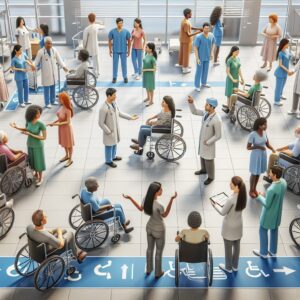 A diverse group of people with disabilities interacting with healthcare professionals in a modern hospital setting, showcasing accessibility and inclusivity in healthcare services.