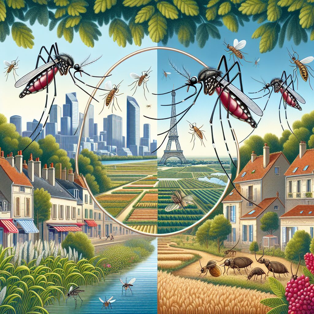 A detailed illustration of mosquitoes common in France, focusing on Aedes albopictus and Culex, set against a backdrop of a typical French landscape showing both urban and rural elements, symbolizing the spread of mosquito-borne diseases.