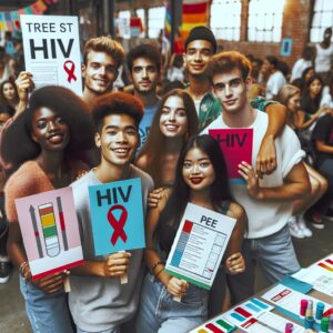 A diverse group of young adults engaging in a community health event, with posters on HIV awareness and testing stations in a vibrant and inclusive atmosphere, promoting health and prevention.