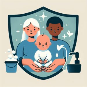 Illustration d'un nourrisson en bonne santé, entouré d'un bouclier symbolique représentant la protection contre les maladies respiratoires, avec des parents appliquant des gestes de prévention comme le lavage des mains.