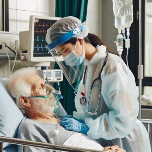 A doctor in a hospital intensive care unit wearing protective gear, attending to an elderly male patient with medical equipment around, illustrating a critical health incident related to avian flu.