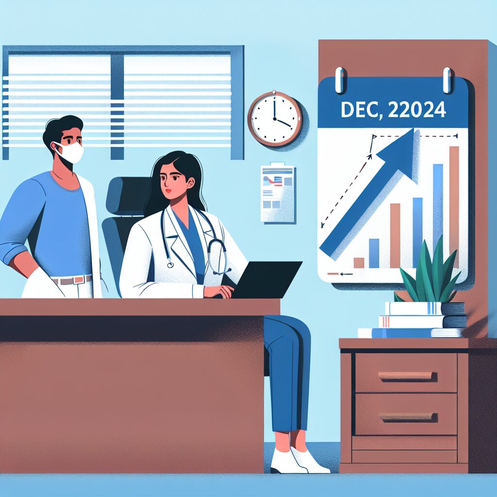 An illustration of a doctor in a consultation room, with a visible calendar marking December 22, 2024, and a symbolic representation of increased prices such as a growing bar chart or upward arrow, emphasizing the concept of medical fee increases.