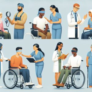 Representation of a diverse group of people with disabilities engaging with healthcare professionals in a supportive environment, digital art.