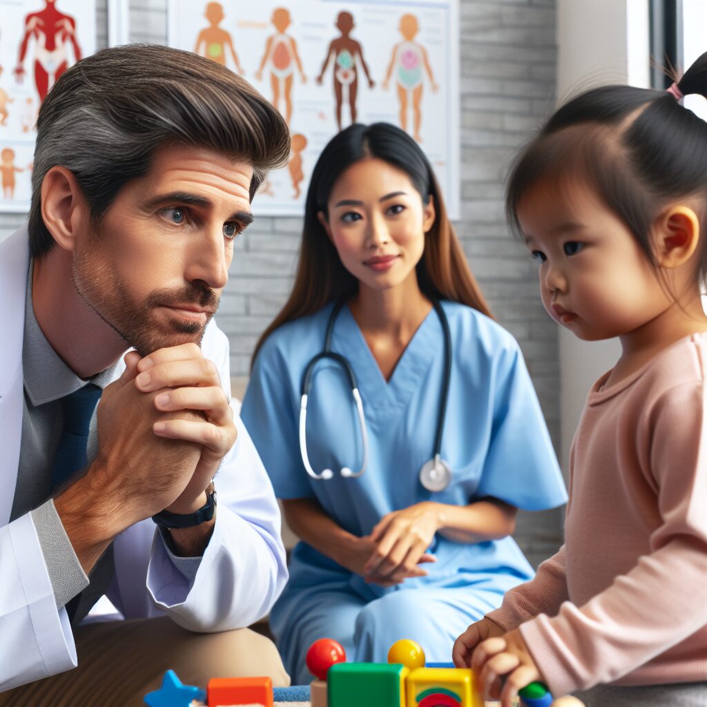 A concerned parent observing their child playing, with a medical professional in the background providing guidance. The setting is warm and supportive, showcasing tools like educational toys and colorful charts illustrating child development stages.