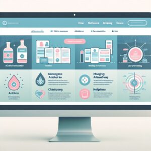 A modern and user-friendly website interface on a computer screen, depicting tools and resources for managing alcohol consumption, with icons of articles, infographics, and helplines. Include soft colors and a welcoming design to convey support and accessibility.