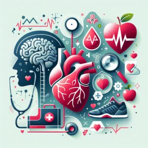 Une illustration médicale montrant les organes touchés par les maladies cardiovasculaires, inclut un cœur stylisé et un cerveau, accompagné d'éléments symbolisant des habitudes de vie saines comme une pomme, une chaussure de course et un outil médical comme un stéthoscope, le tout dans un style éducatif et moderne.