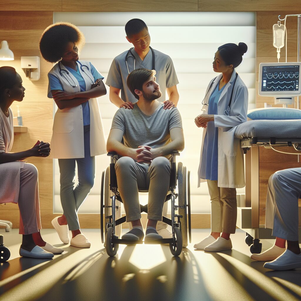 A thoughtful and inclusive healthcare setting where medical professionals attentively listen to a patient with mobility challenges, highlighting their care and understanding. The scene is warm and welcoming, reflecting an atmosphere of accessibility and support.