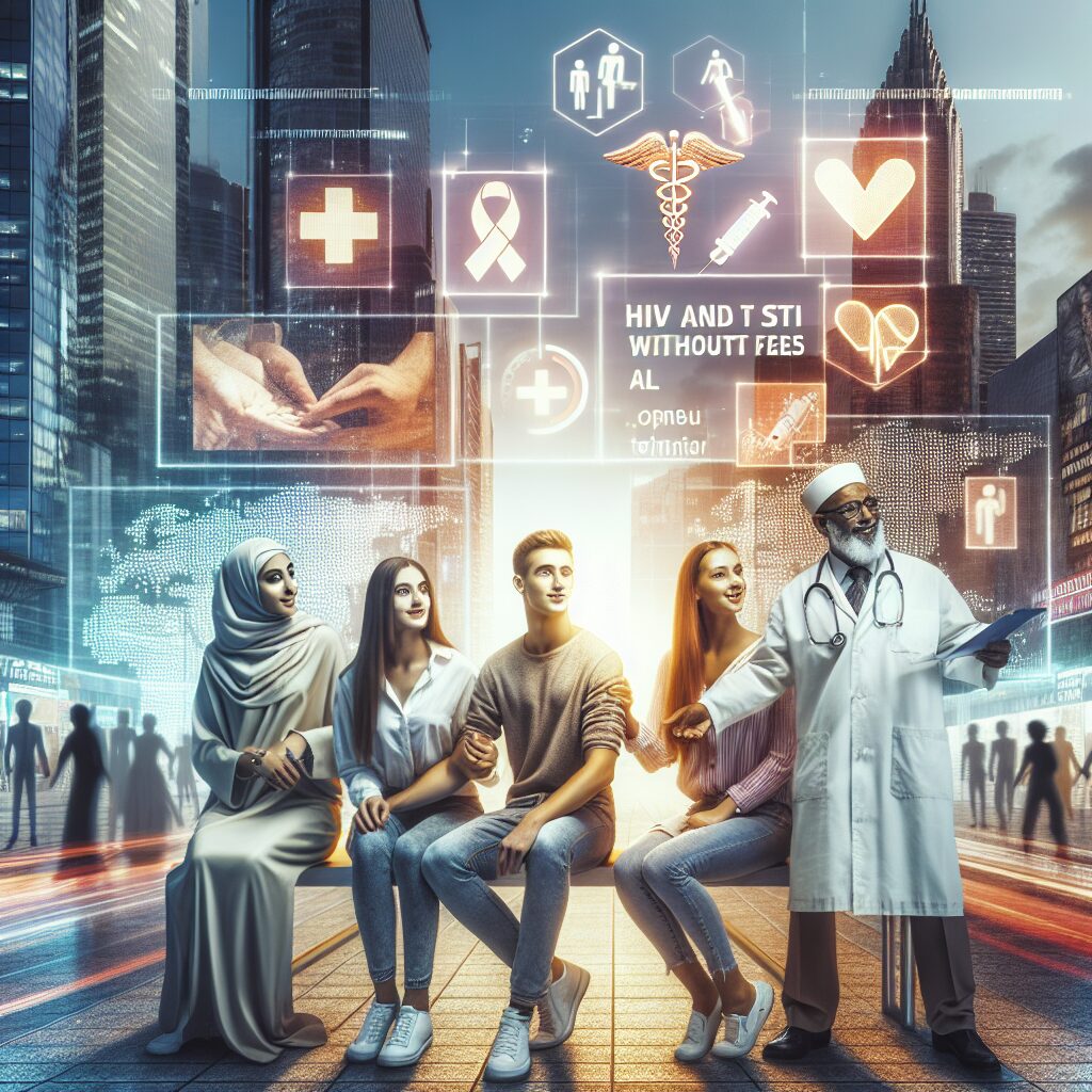 An informative and hopeful image depicting a diverse group of young people engaging in a free and accessible HIV and STI testing campaign, with a background symbolizing health and prevention, set in a modern urban environment.