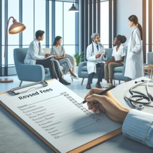 A modern medical consultation room with a focus on a doctor's notepad showing updated fees, background of various specialists like a gynecologist, psychiatrist, and pediatrician attending patients, all set in a calm, professional atmosphere.