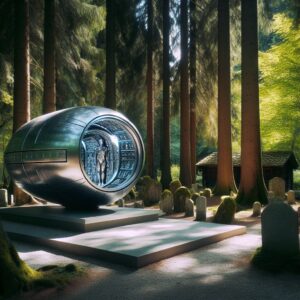 A futuristic sarcophagus-like capsule in a serene Swiss forest, with a somber mood, showcasing cutting-edge technology, surrounded by nature, reflecting themes of life, death, and ethics.