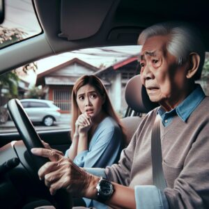 An elderly person driving, looking uncertain, with a concerned family member in the background. The scene is emotional and highlights safety concerns on the road.