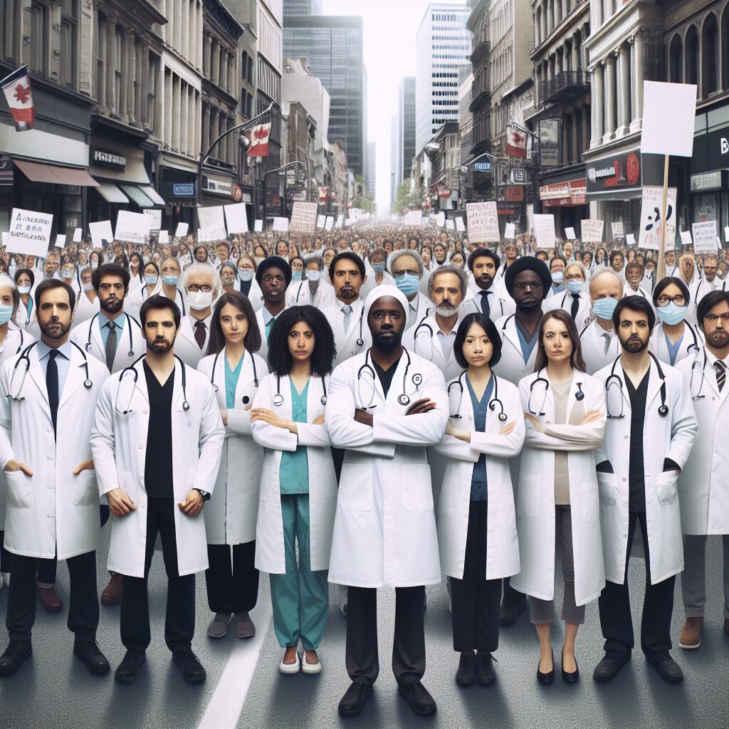 A group of medical doctors, wearing white coats with stethoscopes, protesting in a busy city street. The scene depicts a determined crowd holding banners with slogans in French, set against a backdrop of urban buildings. The atmosphere conveys a sense of urgency and solidarity.