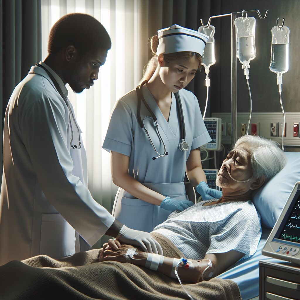 A realistic image of a hospital room showing medical staff attending to an elderly patient in critical condition due to avian flu, with a focus on medical equipment and concerned healthcare workers, somber atmosphere.