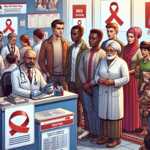 An informative illustration depicting World AIDS Day with a focus on HIV testing awareness and prevention strategies, featuring diverse people getting tested in a supportive community environment.