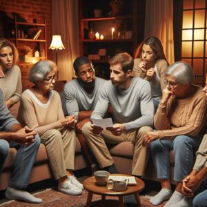 A concerned family discussing in a cozy living room about elderly driving safety, showing emotions and care, with some family members looking at a letter.