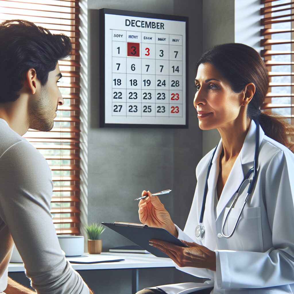 A visually appealing image showing a doctor consulting with a patient in a modern clinic setting, with a calendar in the background marked December 2024, symbolizing changes in medical consultation fees.