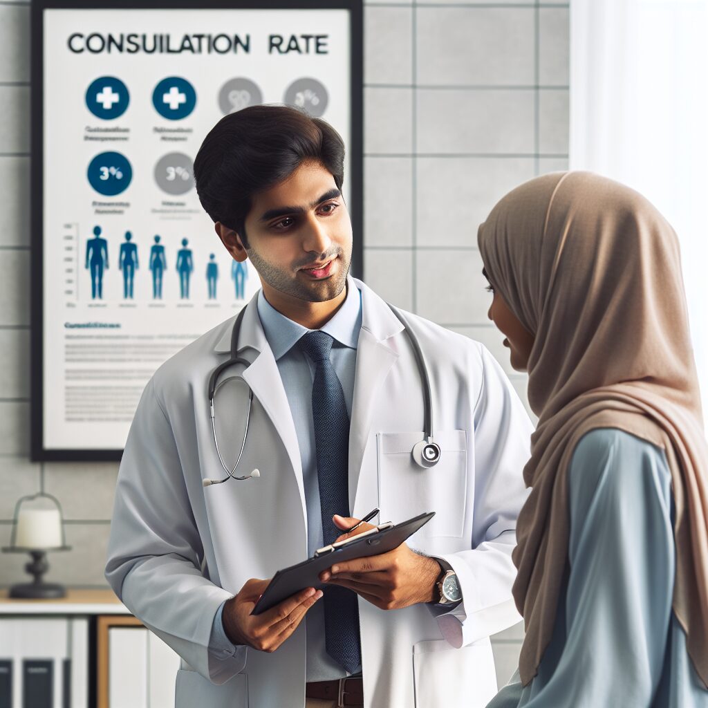 Un médecin en blouse blanche discutant avec un patient dans un cabinet moderne, avec une affiche murale montrant des graphiques de tarifs de consultation. Ambiance professionnelle et chaleureuse.