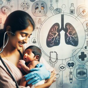 A caring mother holding her baby, with a background showing medical symbols and prevention icons for respiratory illnesses, emphasizing warmth and protection.