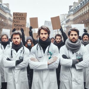 Des médecins manifestant dans les rues de Paris avec des banderoles, des stéthoscopes autour du cou, en hiver, visage déterminé et ambiance de mobilisation sociale.