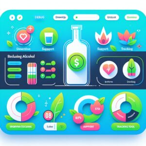 Illustration d'un site web interactif montrant des outils pour aider à la réduction de la consommation d'alcool, avec des éléments de navigation modernes, des icônes de support et des outils de suivi, le tout dans un style épuré et accueillant.