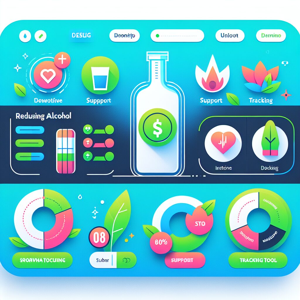 Illustration d'un site web interactif montrant des outils pour aider à la réduction de la consommation d'alcool, avec des éléments de navigation modernes, des icônes de support et des outils de suivi, le tout dans un style épuré et accueillant.