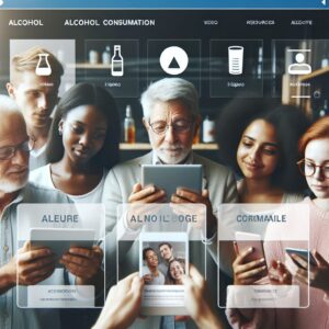 A modern, clean website interface displaying tools and resources on alcohol consumption, with diverse multimedia elements like videos and infographics, and people of different ages and backgrounds engaging with the content on their devices.