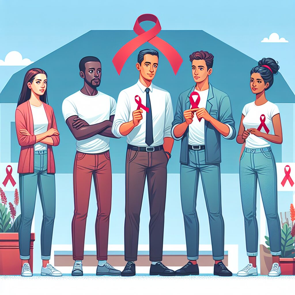 Illustration of a diverse group of people participating in a health awareness campaign against AIDS, featuring red ribbons symbolizing the fight against HIV, set against a backdrop of a community health center or clinic.