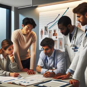 A group of diverse healthcare professionals, including a general practitioner, a pediatrician, a psychiatrist, and a geriatric specialist, sitting together in a modern medical office with charts showing increasing consultation fees, symbolizing new healthcare reforms in France, December 2024.