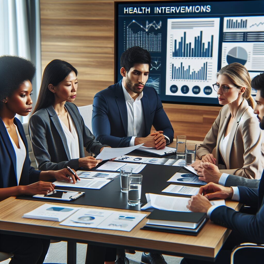 A diverse group of professionals in a meeting room discussing health interventions, with charts and graphs on a screen, representing a scientific evaluation process in health promotion and prevention.