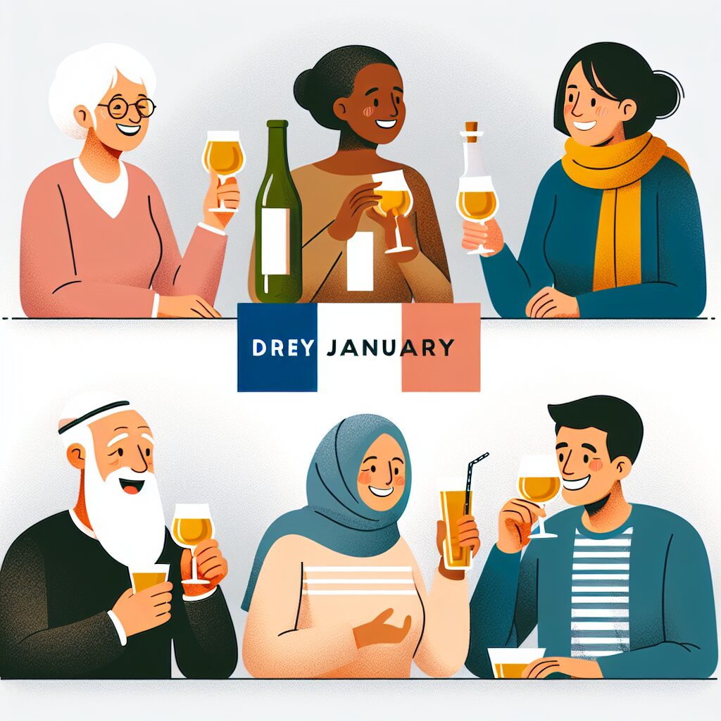 Illustration représentant le concept de Dry January en France, mettant en avant des personnes de tous âges discutant et partageant des boissons non alcoolisées, le tout dans une ambiance joyeuse et collaborative.