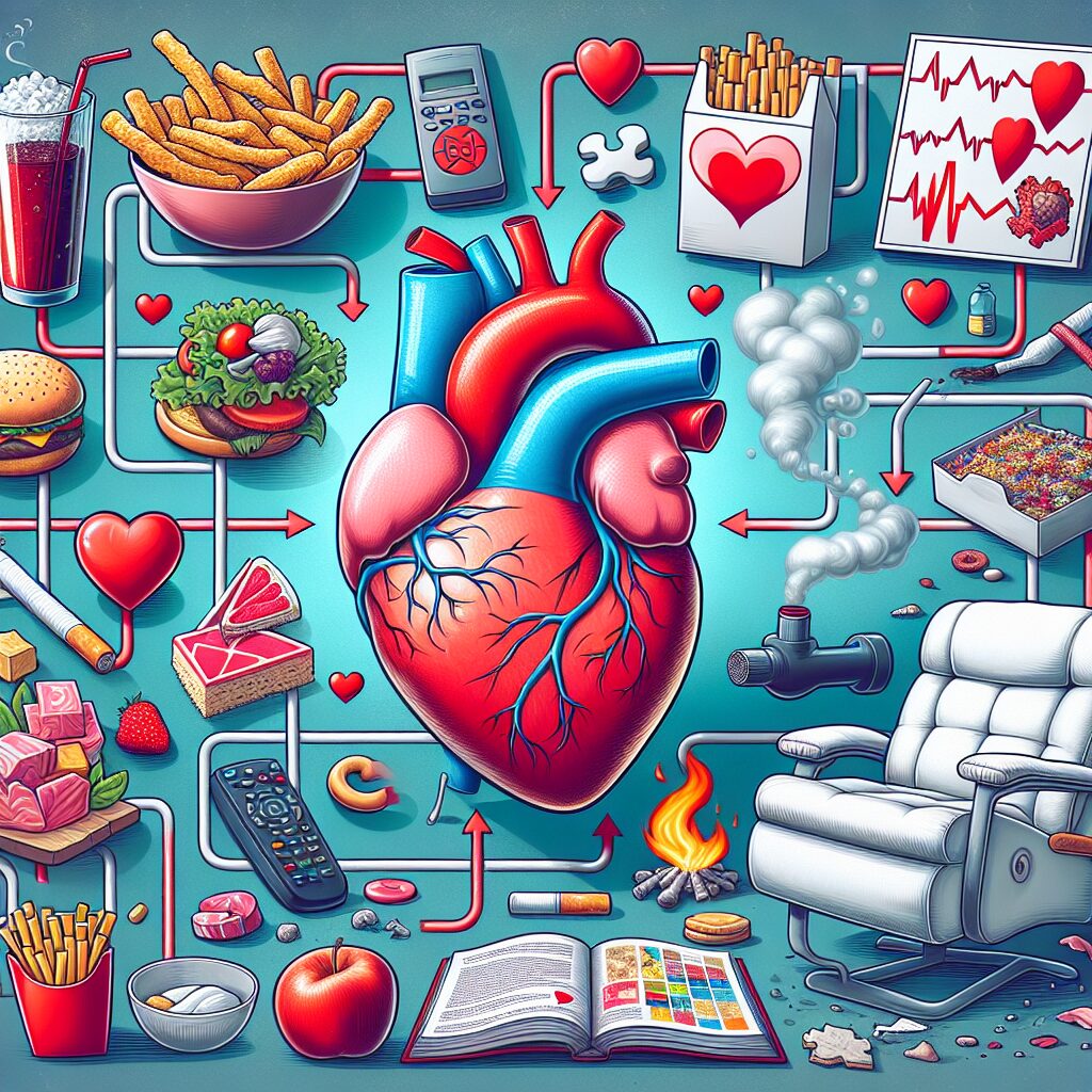 An informative image depicting various factors contributing to cardiovascular risks, such as unhealthy food, sedentary lifestyle, smoking, and stress, with a heart symbol in the background symbolizing heart health and prevention.