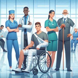 An illustrative image showing a diverse group of healthcare professionals and patients with disabilities, all engaged in a friendly and supportive healthcare environment, set in a modern medical facility.