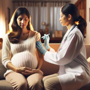 A pregnant woman in a cozy living room, sitting comfortably while a healthcare professional administers a vaccine. The scene is warm and inviting, symbolizing protection and health. The woman appears calm and informed, signifying awareness and responsibility towards health for both herself and her unborn child, with gentle lighting and soft colors to emphasize care and safety.