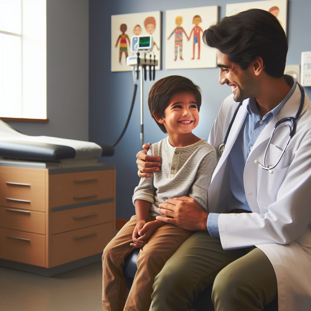 A young child sitting in a doctor's office, being examined by a pediatrician. The setting should be warm and inviting, with colorful children's drawings on the walls and medical equipment subtly visible in the background. The child looks curious and relaxed, while the doctor, a middle-aged woman, smiles reassuringly.