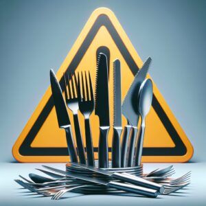 A set of dangerous kitchen cutlery, illustrating a public recall notice. The image should convey a sense of caution, with a focus on sharp, unfinished edges of knives and forks. It should have a warning sign in the background to emphasize the risk.