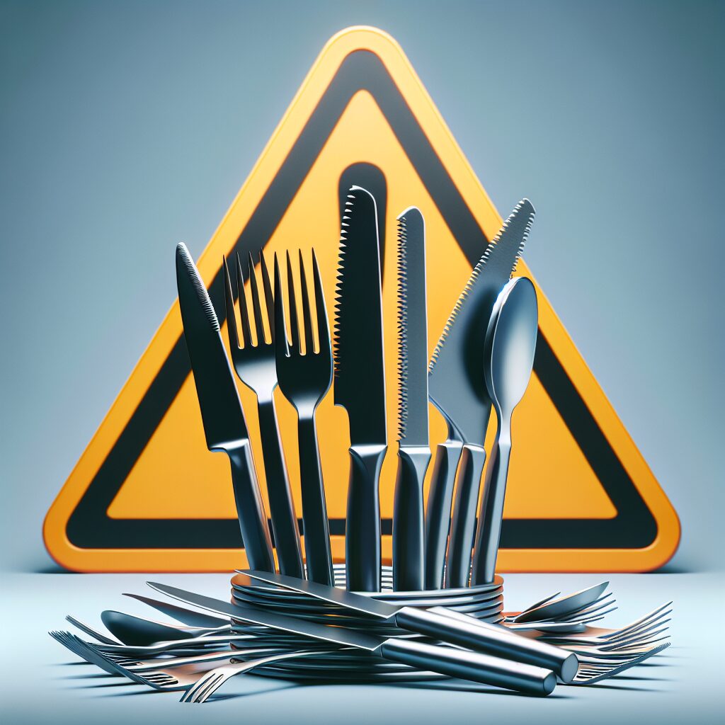 A set of dangerous kitchen cutlery, illustrating a public recall notice. The image should convey a sense of caution, with a focus on sharp, unfinished edges of knives and forks. It should have a warning sign in the background to emphasize the risk.