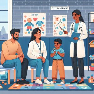 Illustration showing parents and child with healthcare professionals, engaging in early intervention activities for child development, focusing on signs of autism and DYS disorders, in a supportive and educational setting.