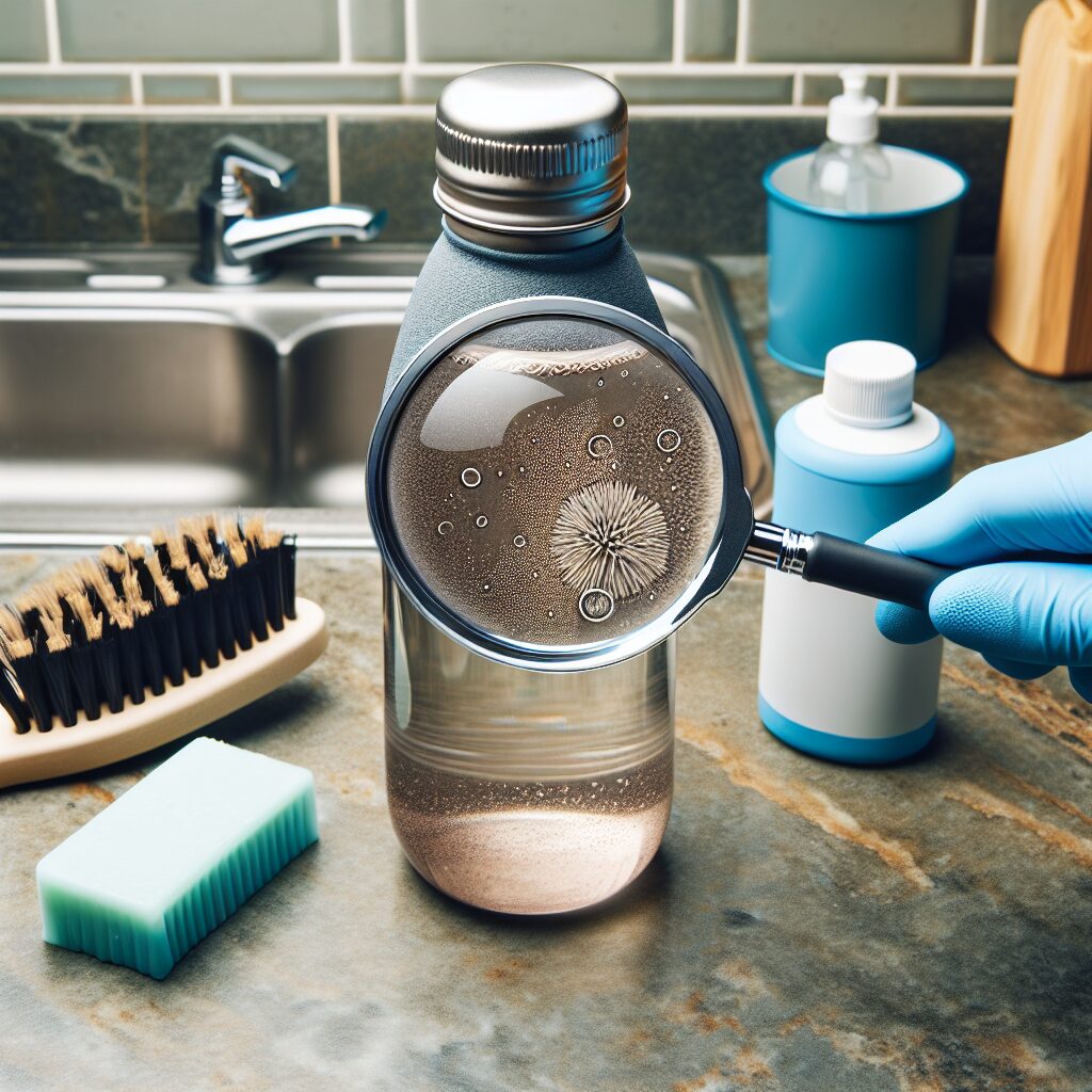 A reusable water bottle on a kitchen counter with a magnifying glass revealing bacterial presence inside, surrounded by cleaning tools like a brush, soap, and water droplets.