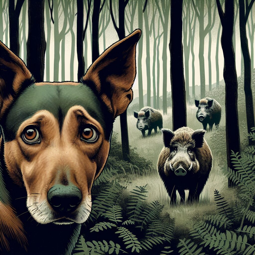 An illustrative image of a hunting dog showing signs of distress, set in a dense forest environment in the French region of Ariège, with wild boars subtly visible in the background, creating a tense and somber atmosphere.