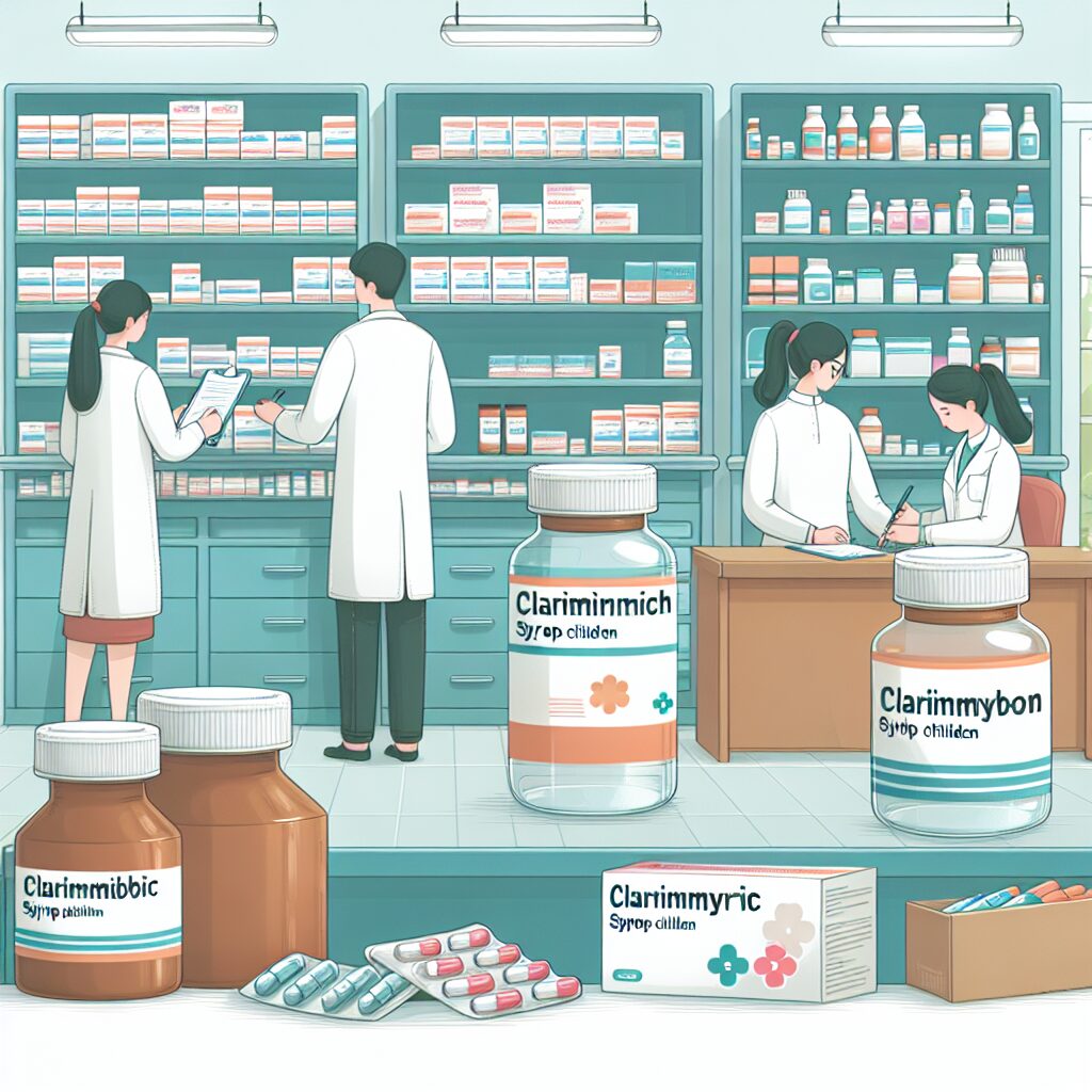 An illustration capturing a medical theme with antibiotics and pharmaceutical supplies in a healthcare setting, reflecting stability and improvement in medicine supply, with a focus on clarithromycin syrup for children.