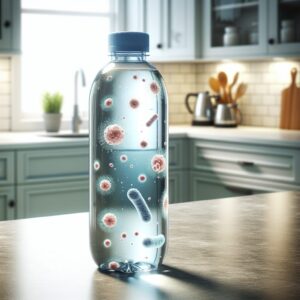 A detailed illustration of a water bottle with invisible germs and bacteria on its surface, suggesting cleanliness and microbial awareness. The background should be a clean kitchen countertop.