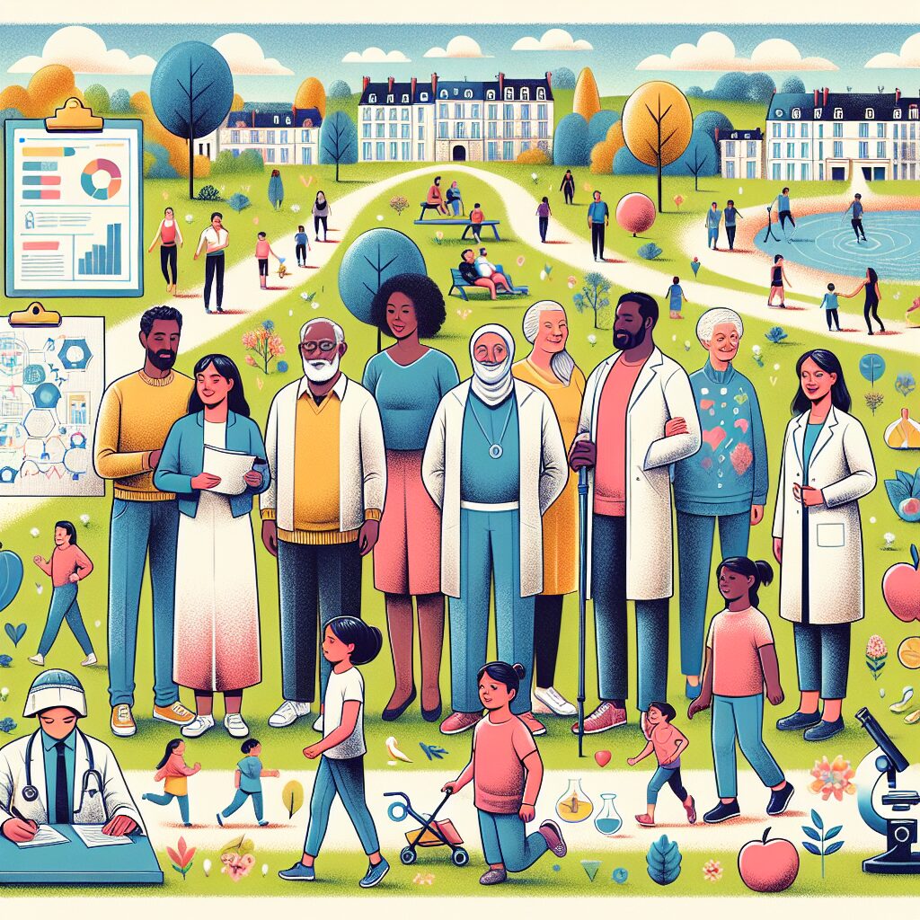 An illustration depicting a diverse group of adults and children participating in a health survey, with elements representing nutrition, environment, biosurveillance, and physical activity, set in France.