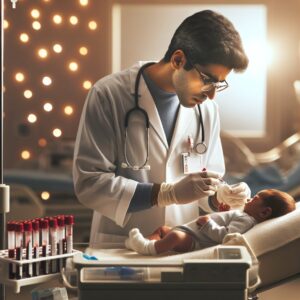 A newborn baby in a hospital setting, with a healthcare professional performing a blood test for neonatal screening, focusing on the process of testing for sickle cell disease, in a caring and medical environment.