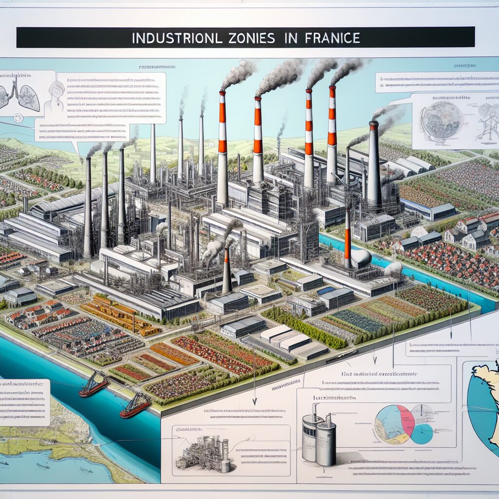 A detailed and informative illustration of industrial areas in France, showcasing factories, smokestacks, and nearby communities. Include elements representing air pollution and health monitoring, with a focus on the interaction between industries and surrounding environments in a scientific and educational style.